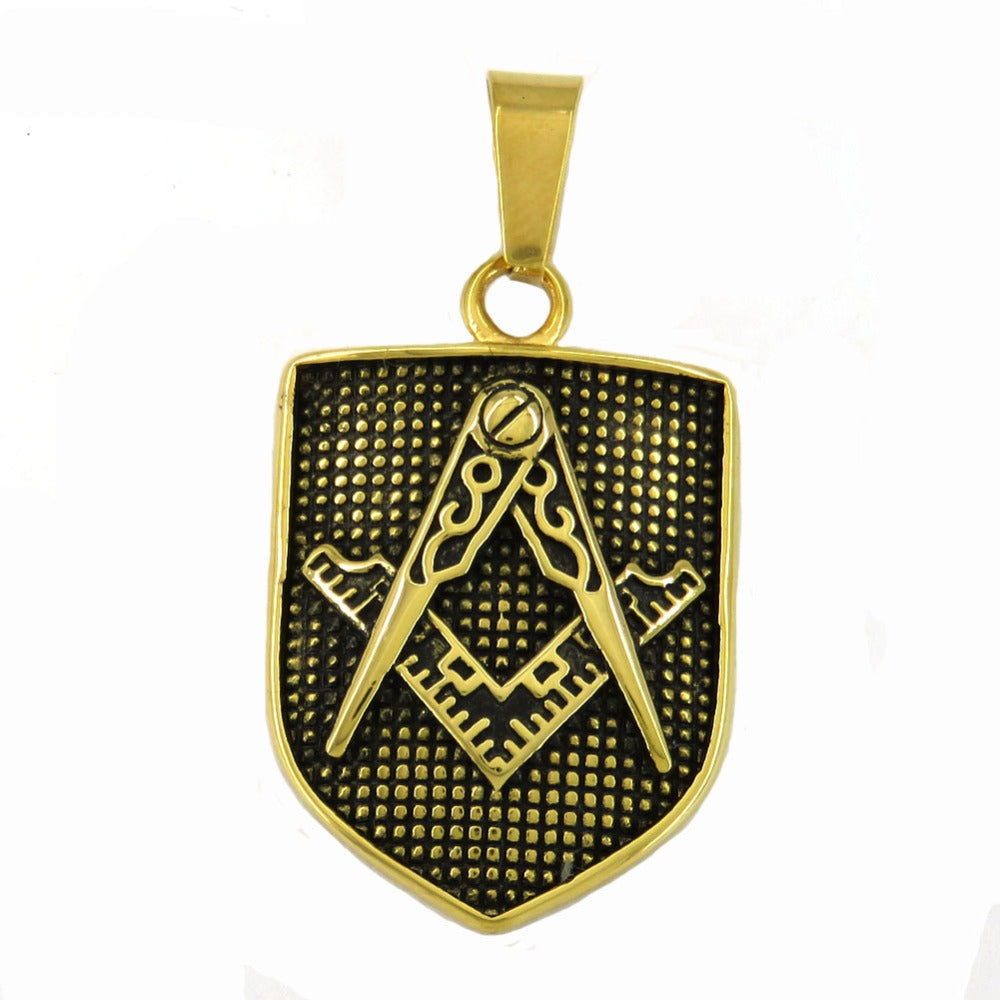 Master Mason Blue Lodge Necklace - Square and Compass Golden Shield Shape - Bricks Masons