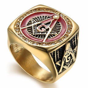 Master Mason Blue Lodge Ring - Golden Red Compass and Square G - Bricks Masons