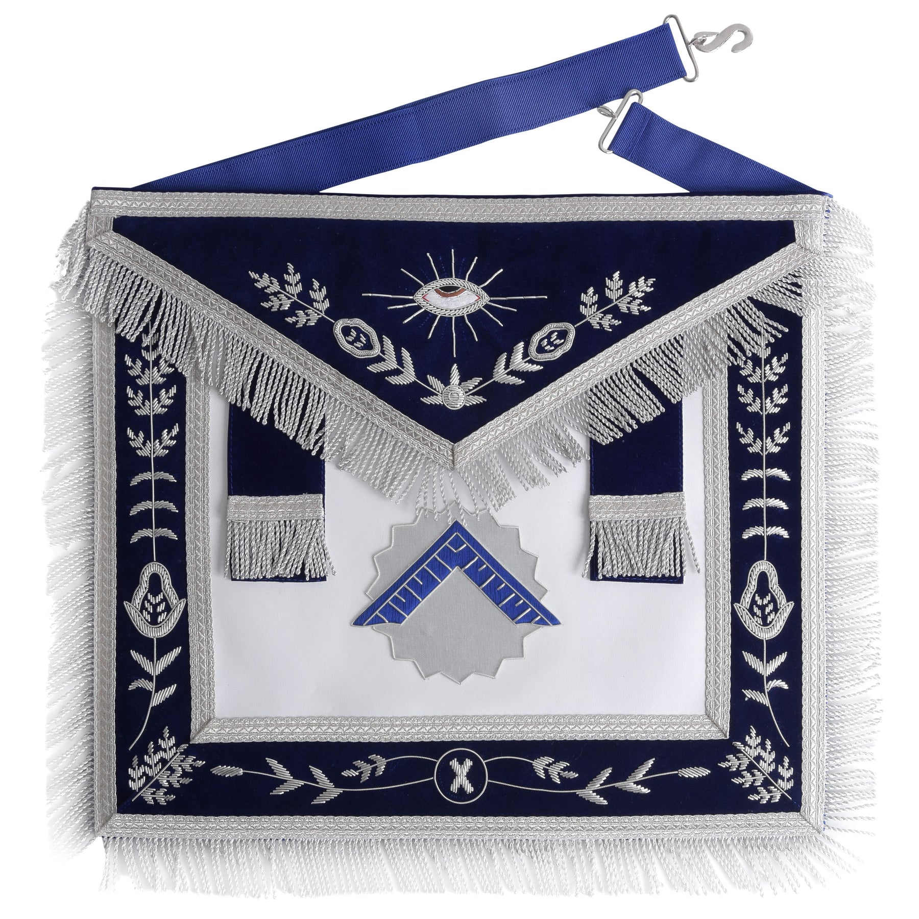 Worshipful Master Blue Lodge Officer Apron - Navy Blue With Silver Fringe - Bricks Masons